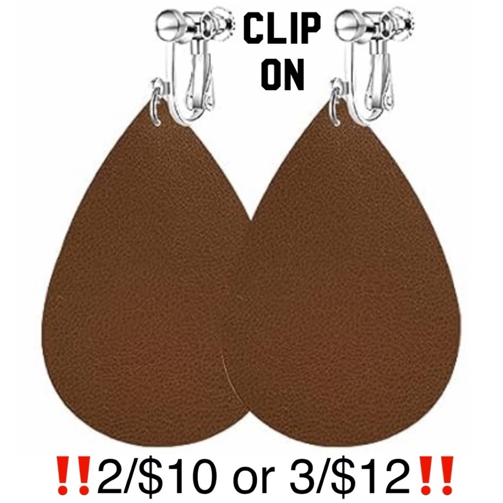 Adjustable Clip On Faux Leather Brown Teardrop Shaped Earrings